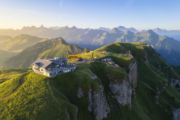 Aerial view of the top and hotel of Fronalpstock. Stoos, Canton of Schwyz, Schwyzer Alps, Switzerland.