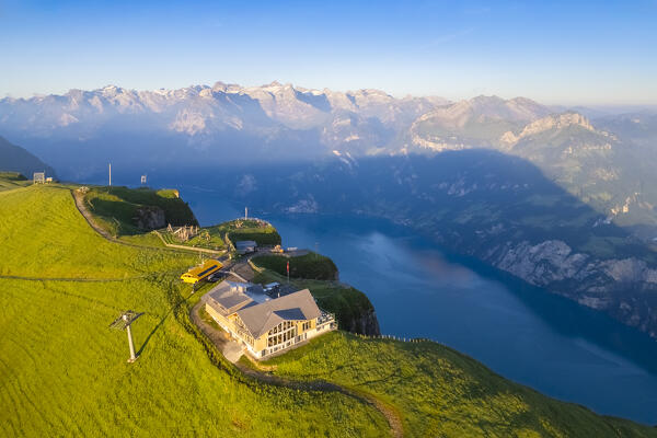 Aerial view of the top and hotel of Fronalpstock. Stoos, Canton of Schwyz, Schwyzer Alps, Switzerland.