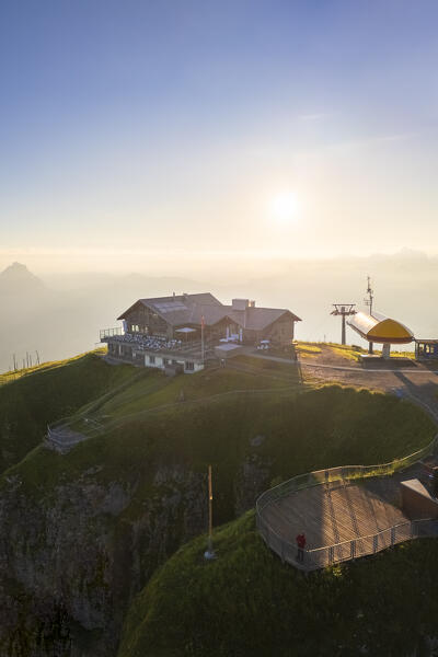 Aerial view of the top and hotel of Fronalpstock. Stoos, Canton of Schwyz, Schwyzer Alps, Switzerland.