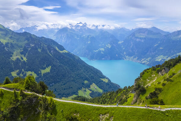 Aerial view of the trail on the crest leading from Klingenstock to Fronalpstock. Stoos, Canton of Schwyz, Schwyzer Alps, Switzerland.