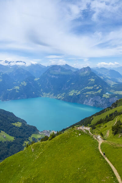 Aerial view of the trail on the crest leading from Klingenstock to Fronalpstock. Stoos, Canton of Schwyz, Schwyzer Alps, Switzerland.