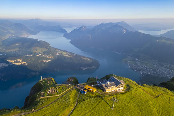 Aerial view of the top and hotel of Fronalpstock. Stoos, Canton of Schwyz, Schwyzer Alps, Switzerland.