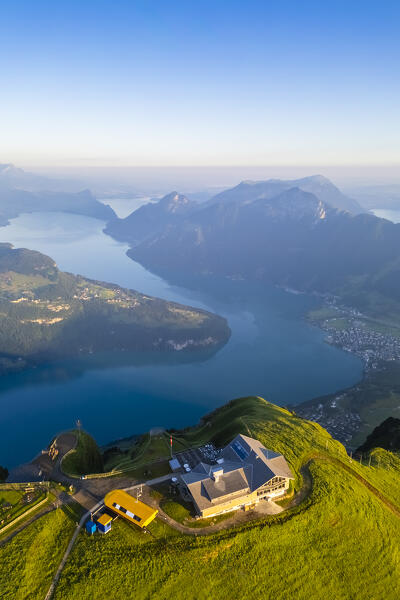 Aerial view of the top and hotel of Fronalpstock. Stoos, Canton of Schwyz, Schwyzer Alps, Switzerland.