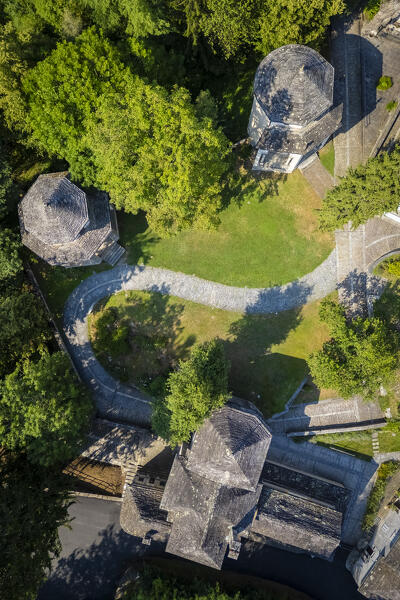 Aerial view of the Sacro Monte Calvario di Domodossola. Domodossola, Verbano-Cusio-Ossola district, Piedmont, Italy, Europe.
