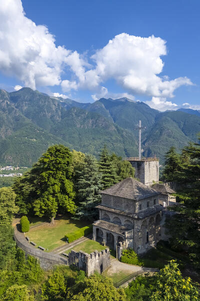 Aerial view of the Mattarella castle near Sacro Monte Calvario di Domodossola. Domodossola, Verbano-Cusio-Ossola district, Piedmont, Italy, Europe.