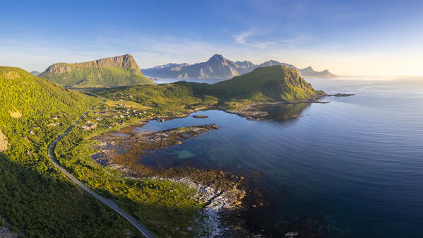 Aerial view of turquoise water around Haukland and Vik beach in summer during midnight sun. Vestvagoy, Nordland, Lofoten Islands, Norway.
