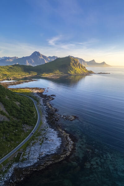 Aerial view of turquoise water around Haukland and Vik beach in summer during midnight sun. Vestvagoy, Nordland, Lofoten Islands, Norway.