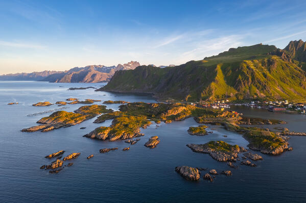 Aerial view of the archipelago and harbour Ballstad at sunrise during midnight sun. Ballstad, Vestvagoy, Lofoten Islands, Norway, Europe.