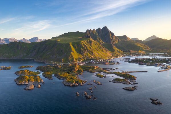 Aerial view of the archipelago and harbour Ballstad at sunrise during midnight sun. Ballstad, Vestvagoy, Lofoten Islands, Norway, Europe.