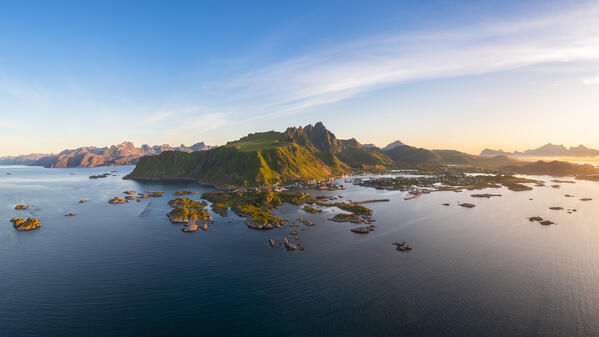 Aerial view of the archipelago and harbour Ballstad at sunrise during midnight sun. Ballstad, Vestvagoy, Lofoten Islands, Norway, Europe.
