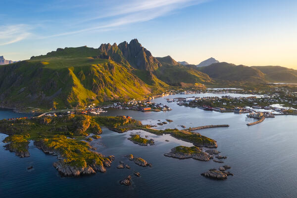 Aerial view of the archipelago and harbour Ballstad at sunrise during midnight sun. Ballstad, Vestvagoy, Lofoten Islands, Norway, Europe.