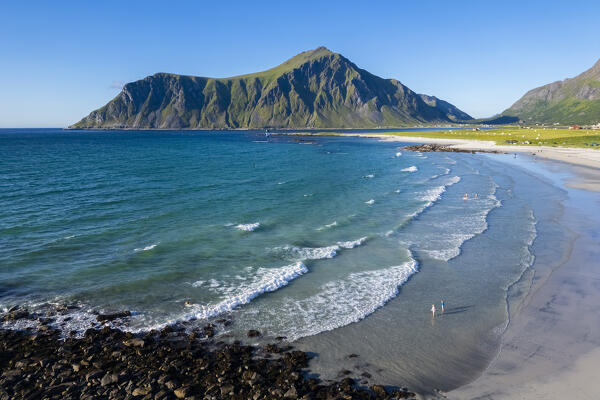 Aerial view of the white sands of the beach of Skagsanden. Skagsanden beach, Flakstad, Lofoten Islands, Norway, Europe.