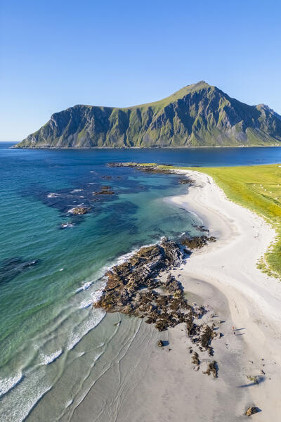 Aerial view of the white sands of the beach of Skagsanden. Skagsanden beach, Flakstad, Lofoten Islands, Norway, Europe.