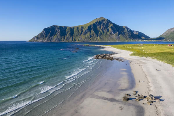 Aerial view of the white sands of the beach of Skagsanden. Skagsanden beach, Flakstad, Lofoten Islands, Norway, Europe.