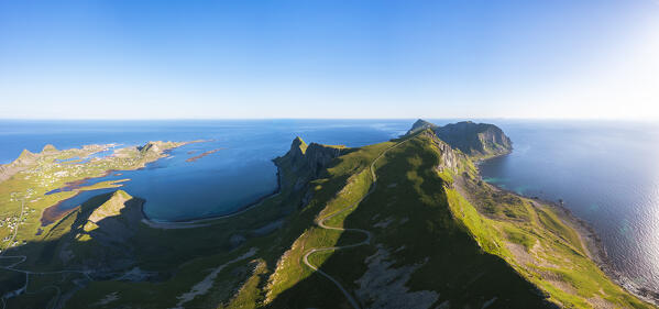 Aerial view of the rocky peaks and beaches of the island of Vaeroy. Sorland, Vaeroy, Nordland, Lofoten, Norway, Europe.
