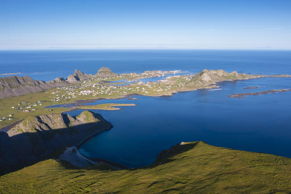 Aerial view of the rocky peaks and beaches of the island of Vaeroy. Sorland, Vaeroy, Nordland, Lofoten, Norway, Europe.