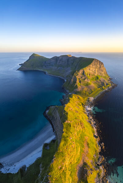 Aerial view of the rocky peaks and beaches of the island of Vaeroy. Sorland, Vaeroy, Nordland, Lofoten, Norway, Europe.