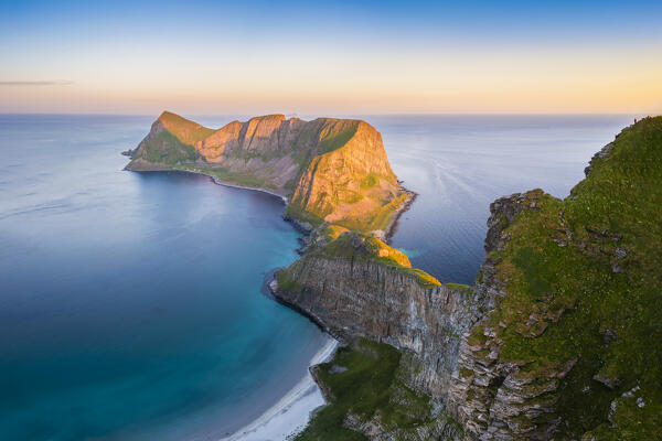 Aerial view of the rocky peaks and beaches of the island of Vaeroy. Sorland, Vaeroy, Nordland, Lofoten, Norway, Europe.
