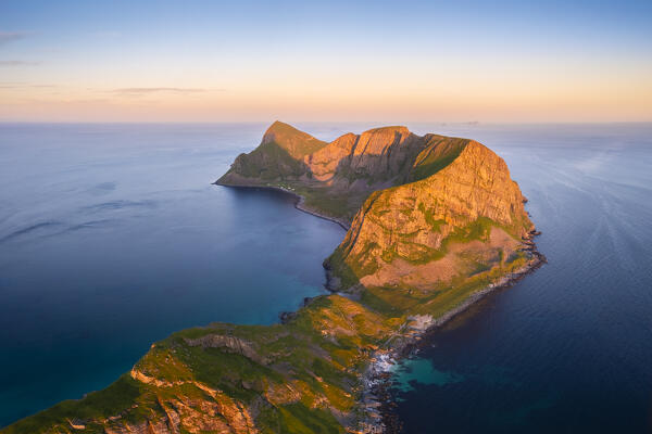 Aerial view of the rocky peaks and beaches of the island of Vaeroy. Sorland, Vaeroy, Nordland, Lofoten, Norway, Europe.