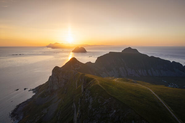 Aerial view of the rocky peaks and beaches of the island of Vaeroy. Sorland, Vaeroy, Nordland, Lofoten, Norway, Europe.