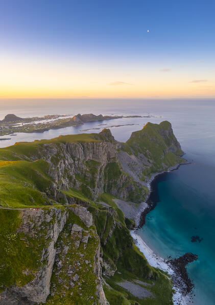 Aerial view of the rocky peaks and beaches of the island of Vaeroy. Sorland, Vaeroy, Nordland, Lofoten, Norway, Europe.