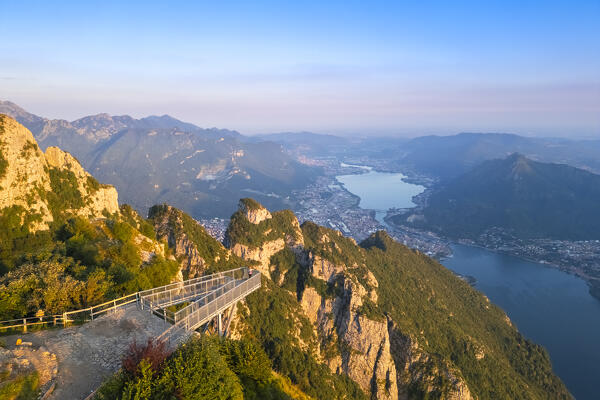 Aerial view of the Belvedere Parco Valentino viewpoint at sunset in summer. Abbadia Lariana, Lecco province, Lombardy, Italy, Europe.