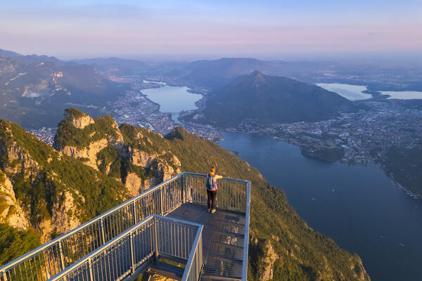 Aerial view of the Belvedere Parco Valentino viewpoint at sunset in summer. Abbadia Lariana, Lecco province, Lombardy, Italy, Europe.