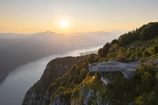Aerial view of the Belvedere Parco Valentino viewpoint at sunset in summer. Abbadia Lariana, Lecco province, Lombardy, Italy, Europe.