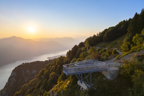 Aerial view of the Belvedere Parco Valentino viewpoint at sunset in summer. Abbadia Lariana, Lecco province, Lombardy, Italy, Europe.