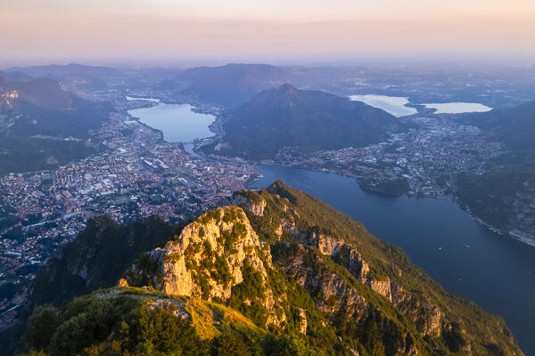 Aerial view of the Belvedere Parco Valentino viewpoint at sunset in summer. Abbadia Lariana, Lecco province, Lombardy, Italy, Europe.