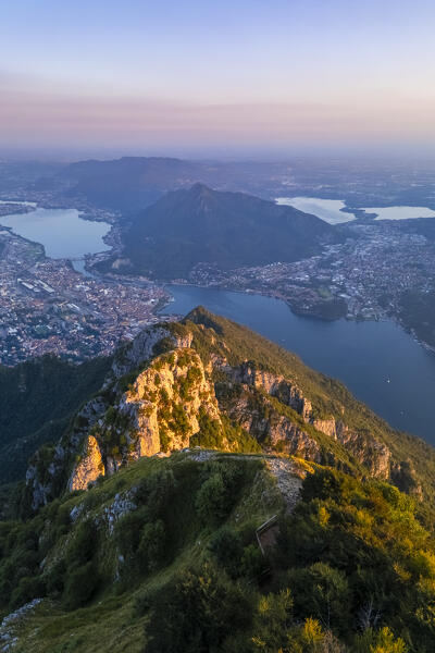 Aerial view of the Belvedere Parco Valentino viewpoint at sunset in summer. Abbadia Lariana, Lecco province, Lombardy, Italy, Europe.