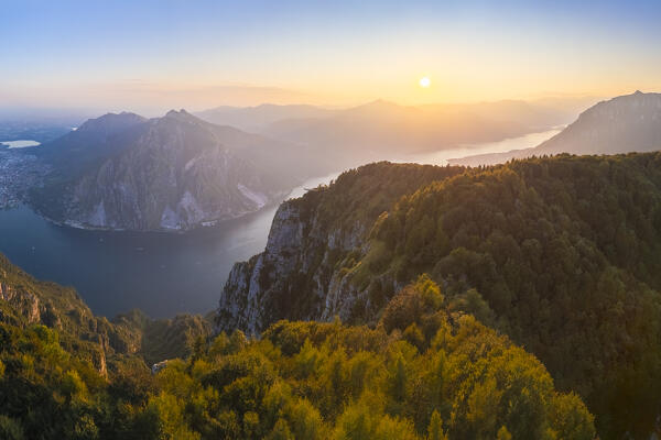 Aerial view of the Belvedere Parco Valentino viewpoint at sunset in summer. Abbadia Lariana, Lecco province, Lombardy, Italy, Europe.