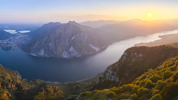 Aerial view of the Belvedere Parco Valentino viewpoint at sunset in summer. Abbadia Lariana, Lecco province, Lombardy, Italy, Europe.