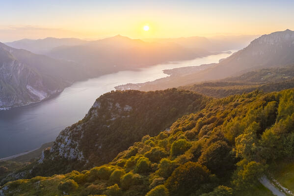 Aerial view of the Belvedere Parco Valentino viewpoint at sunset in summer. Abbadia Lariana, Lecco province, Lombardy, Italy, Europe.
