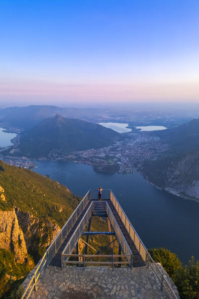 Aerial view of the Belvedere Parco Valentino viewpoint at sunset in summer. Abbadia Lariana, Lecco province, Lombardy, Italy, Europe.