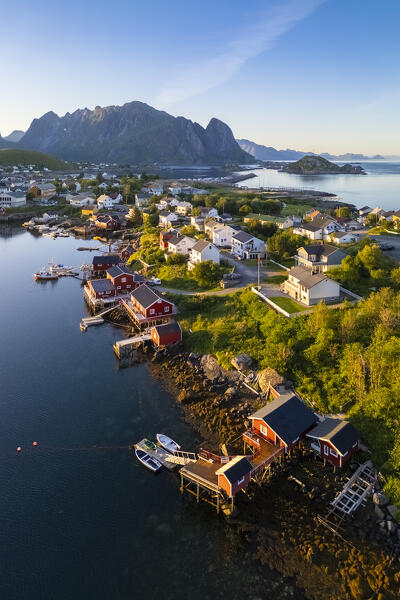 Aerial view of the Reine Bay and town in summer during sunset. Reine, Lofoten Islands, Norway.