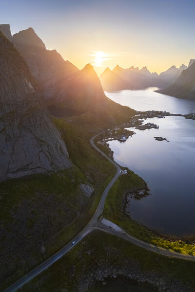 Aerial view of the Reine Bay and town in summer during sunset. Reine, Lofoten Islands, Norway.