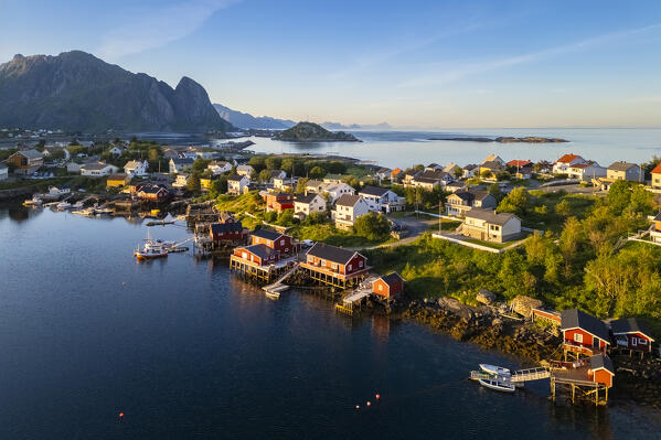 Aerial view of the Reine Bay and town in summer during sunset. Reine, Lofoten Islands, Norway.