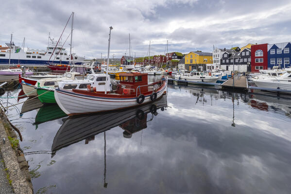 View of boats at the harbour of Torshavn. Torshavn, Streymoy, Faroe islands.