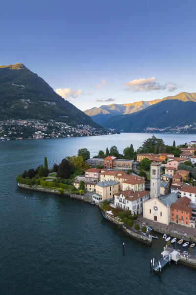 Aerial view of Torno village at sunset in summer. Torno, lake Como, Como province, Lombardy, Italy, Europe.