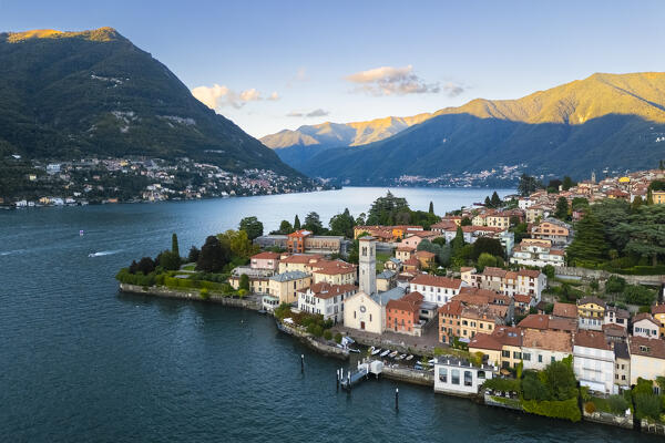 Aerial view of Torno village at sunset in summer. Torno, lake Como, Como province, Lombardy, Italy, Europe.