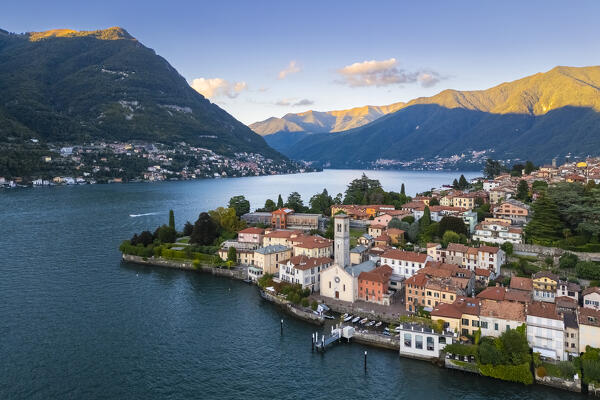 Aerial view of Torno village at sunset in summer. Torno, lake Como, Como province, Lombardy, Italy, Europe.