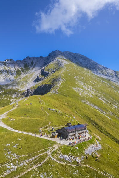 Aerial view of the Rifugio Capanna 2000 at the foothills of Pizzo Arera in summer. Val Serina, Zambla Alta, Bergamo district, Lombardy, Italy, Southern Europe.