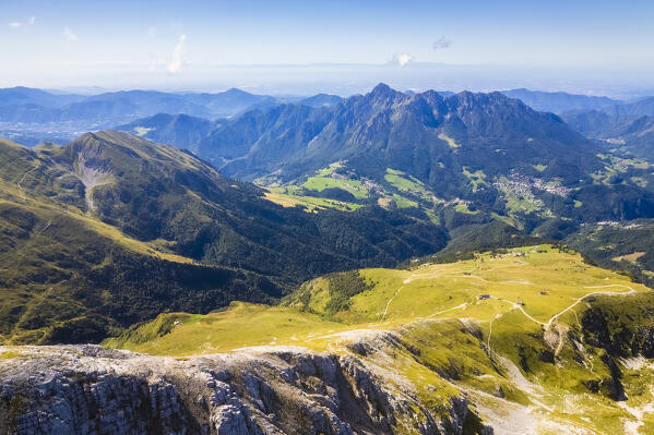 Aerial view of the Rifugio Capanna 2000 at the foothills of Pizzo Arera in summer in front of the Monte Alben. Val Serina, Zambla Alta, Bergamo district, Lombardy, Italy, Southern Europe.