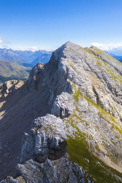 Aerial view of the top Pizzo Arera in summer. Val Serina, Zambla Alta, Bergamo district, Lombardy, Italy, Southern Europe.