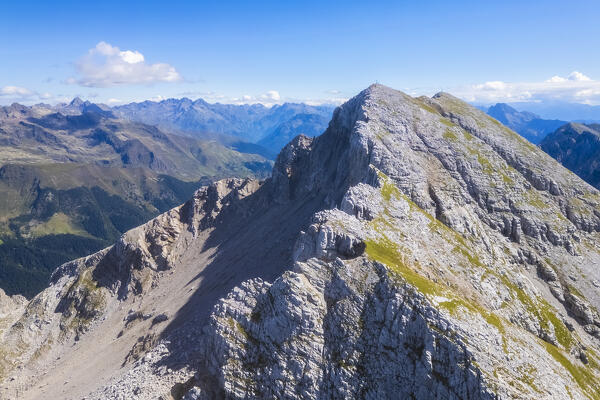 Aerial view of the top Pizzo Arera in summer. Val Serina, Zambla Alta, Bergamo district, Lombardy, Italy, Southern Europe.