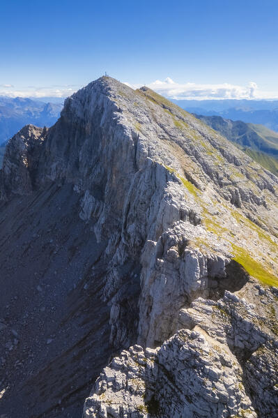 Aerial view of the top Pizzo Arera in summer. Val Serina, Zambla Alta, Bergamo district, Lombardy, Italy, Southern Europe.