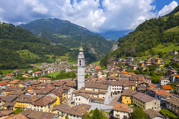 Aerial view of the beautiful village of Ardesio in summer. Ardesio, Orobie alps, Lombardy district, Bergamo province, Italy, Europe.