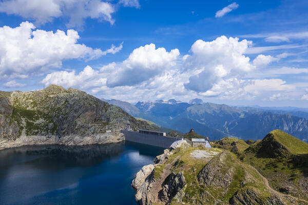 Aerial view of the Lago Nero during summer time. Valgoglio, Val Seriana, Bergamo district, Lombardy, Italy, Southern Europe.