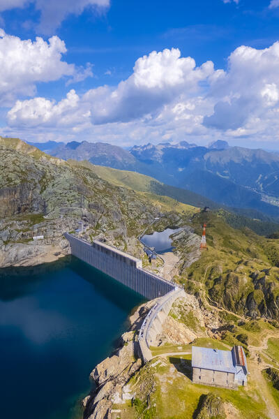 Aerial view of the Lago Nero during summer time. Valgoglio, Val Seriana, Bergamo district, Lombardy, Italy, Southern Europe.